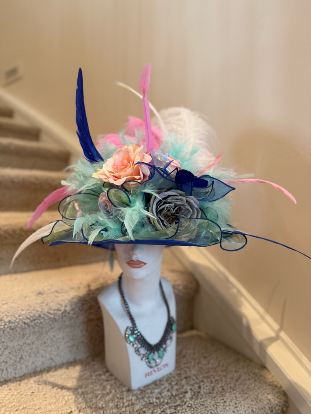 Multicolor Floral Feathered Women's Derby Hat - Blue & Pink